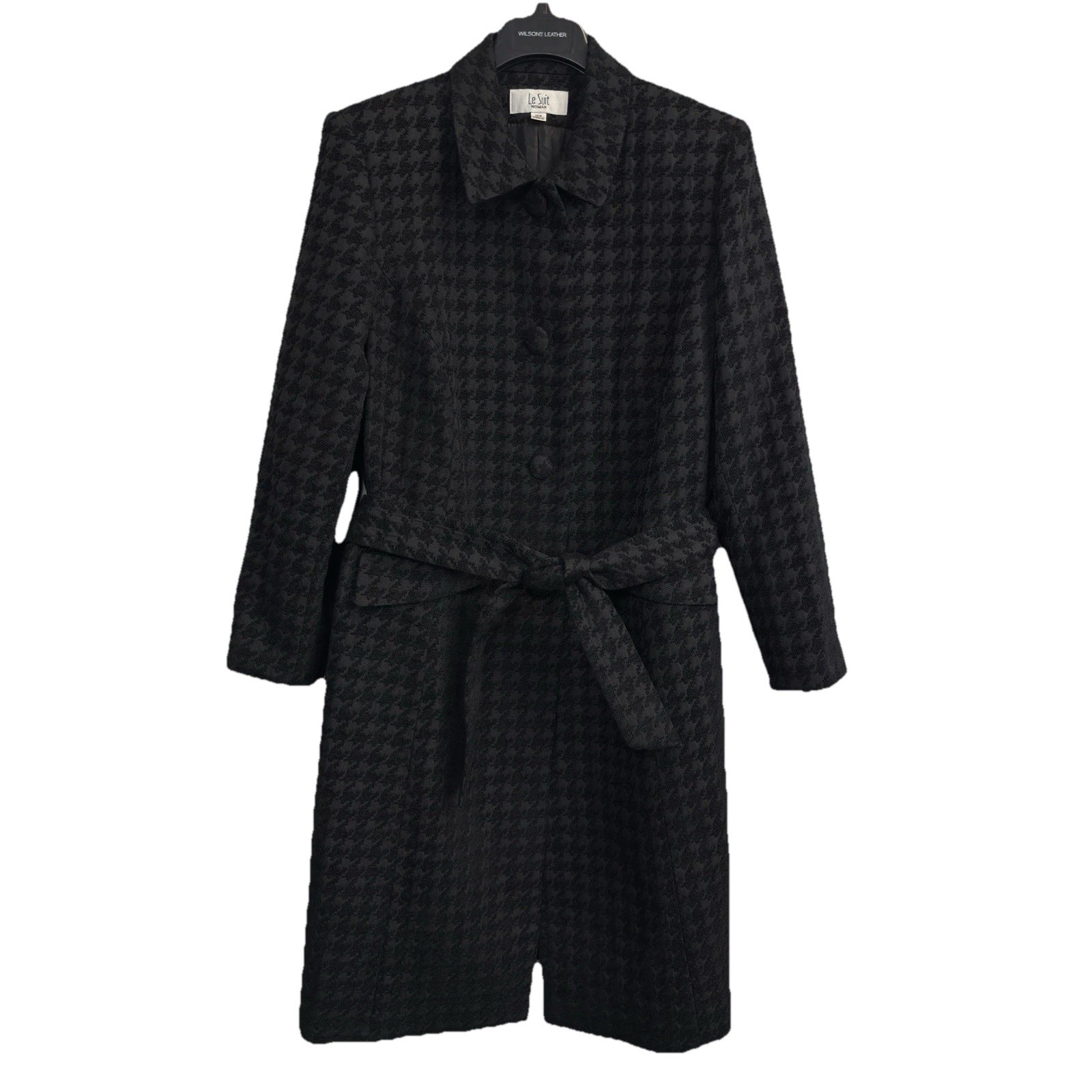 Le Suit Woman Sz 16w Black Textured Houndstooth Long Coat Belted Jacket Classic